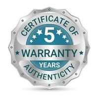 5 Years Warranty Glossy And Shiny Silver Metallic Badge Design, Label, Seal, 5 Years Certificate Of Authenticity, Five Years Warranty Badge Vector Illustration