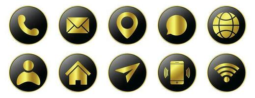 Gold Contact Us Icons Set, Glossy Contact Icon, Modern Technology Icon Set With Shiny 3D Button Social Media Symbol, Call, Home Button, Message, Website, Wifi, UI UX Push Button vector