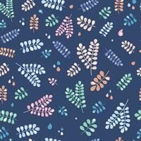 Ornamental plants on a navy blue background. Vector seamless pattern, can be used for fabrics, wallpaper, web, scrabboking, card.