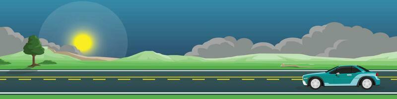 Cartoon transport travel for banner. Classic sport car for travel at night.  Asphalt road near the green grass and tree. Mountain and night sky with dark clouds. Copy Space Flat Vector.