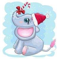 Cute cartoon elephant, childish character with beautiful eyes wearing santa hat, scarf, holding gift, christmas ball vector