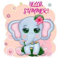 Cute cartoon elephant, childish character with beautiful eyes in Hawaiian costume, beach and vacation vector