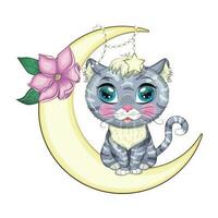 Cartoon cat on the moon with flowers. Cute child character, symbol of 2023 new chinese year vector