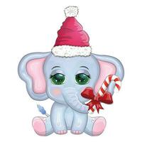 linda dibujos animados elefante, infantil personaje con hermosa ojos vistiendo Papa Noel sombrero, bufanda, participación regalo, Navidad pelota vector
