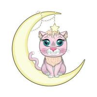 Cartoon cat on the moon with flowers. Cute child character, symbol of 2023 new chinese year vector