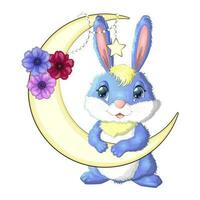 Cartoon rabbit, hare on the moon with flowers and stars. Cute child character, symbol of 2023 new chinese year vector