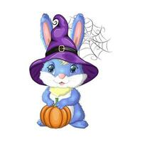 Cute Bunny in witch hat with pumpkin, broom, potion. Happy Halloween festival concept. Year 2023 hare mascot character vector