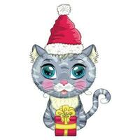 lindo gato de dibujos animados con sombrero de santa con regalo, bola de navidad, candy kane. invierno 2023, navidad y nuevo chino vector