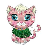 Cartoon cat dressed as a hula dancer under the ukulele, Hawaii. Summer, vacation. Cute child character, symbol of 2023 vector