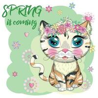 Cartoon cat with a wreath. Spring is coming. Cute child character, symbol of 2023 new chinese year vector