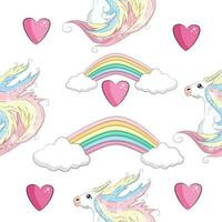 Seamless pattern with cute unicorns, clouds,rainbow and stars. Magic background with little unicorns vector