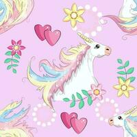 Seamless pattern with cute unicorns, clouds,rainbow and stars. Magic background with little unicorns vector