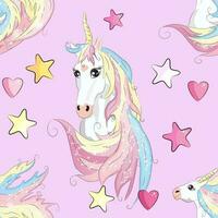 sin costura modelo con linda unicornios, nubes, arcoiris y estrellas. magia antecedentes con pequeño unicornios vector