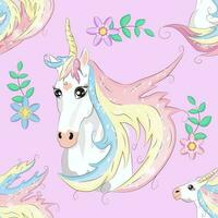 Seamless pattern with cute unicorns, clouds,rainbow and stars. Magic background with little unicorns vector