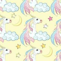 Seamless pattern with cute unicorns, clouds,rainbow and stars. Magic background with little unicorns vector