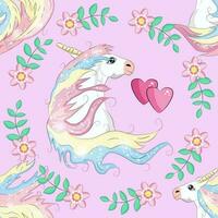 Seamless pattern with cute unicorns, clouds,rainbow and stars. Magic background with little unicorns vector