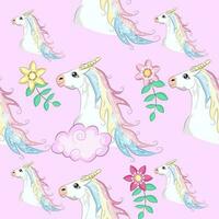 Seamless pattern with cute unicorns, clouds,rainbow and stars. Magic background with little unicorns vector