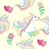 Seamless pattern with cute unicorns, clouds,rainbow and stars. Magic background with little unicorns vector