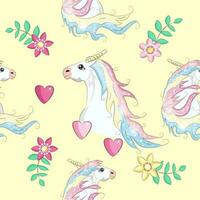 Seamless pattern with cute unicorns, clouds,rainbow and stars. Magic background with little unicorns vector