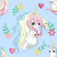 Seamless pattern with cute unicorns, clouds,rainbow and stars. Magic background with little unicorns vector