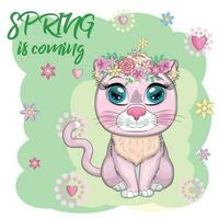 Cartoon cat with a wreath. Spring is coming. Cute child character, symbol of 2023 new chinese year vector