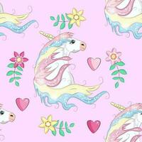 Seamless pattern with cute unicorns, clouds,rainbow and stars. Magic background with little unicorns vector