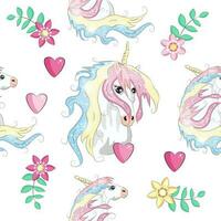 Seamless pattern with cute unicorns, clouds,rainbow and stars. Magic background with little unicorns vector