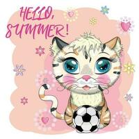 gato de dibujos animados con una pelota de fútbol. vacaciones de verano. lindo personaje infantil, símbolo del nuevo año chino 2023 vector