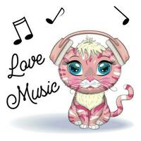 Cartoon cat music lover in headphones listens to music, concert. Cute child character, symbol of 2023 new chinese vector