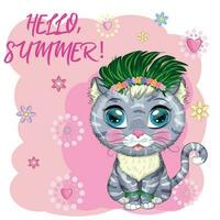 Cartoon cat dressed as a hula dancer under the ukulele, Hawaii. Summer, vacation. Cute child character, symbol of 2023 vector