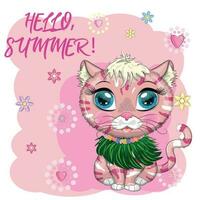 gato de dibujos animados vestido como bailarín de hula bajo el ukelele, hawaii. vacaciones de verano. lindo personaje infantil, símbolo de 2023 vector