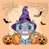 Cartoon cat in purple witch hat with broom, pumpkin, potion. Halloween character, poster. symbol of 2023 vector