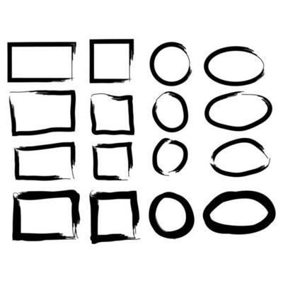 Black circle and square frames. Brush strokes. design elements set
