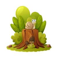 A cartoon snail sits on a stump surrounded by bushes and plants in a green forest clearing with mushrooms and stones. Children fairy tale vector illustration. Summer nature, environment.