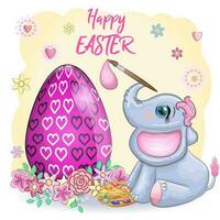 Cute cartoon elephant, childish character with beautiful eyes holding an easter egg. Happy Easter vector