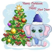 Cute cartoon elephant, childish character in santa hat with gift, christmas ball or candy cane near christmas tree vector