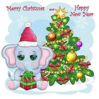 Cute cartoon elephant, childish character in santa hat with gift, christmas ball or candy cane near christmas tree vector