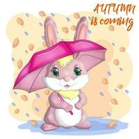 Cartoon rabbit, hare with an umbrella. Autumn, Cute childish character, symbol of 2023 Chinese New Year vector