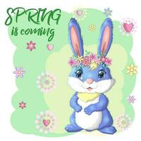 Cartoon rabbit, hare with flowers. Cute childish character, Easter, spring, symbol of 2023 Chinese New Year vector