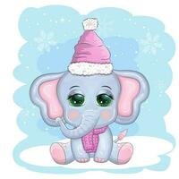 Cute cartoon elephant, childish character with beautiful eyes wearing santa hat, scarf, holding gift, christmas ball vector