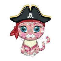 Cat pirate, cartoon character of the game, wild animal cat in a bandana and a cocked hat with a skull, with an eye patch. vector