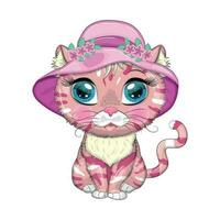 Cartoon cat in a hat with flowers. Summer, vacation. Cute child character, symbol of 2023 new chinese year vector