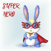 Cartoon rabbit, hare superhero in red cloak and mask. Cute childish character, Easter, spring, symbol of 2023 vector