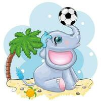 Cute cartoon elephant, children's character with beautiful eyes with a soccer ball, games for children and adults vector