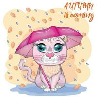 Cartoon cat with an umbrella. Autumn is coming. Cute child character, symbol of 2023 new chinese year vector