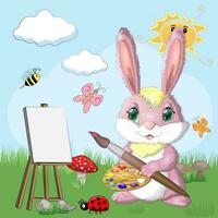 Cartoon rabbit, hare artist with brush, paints, easel. Cute child character, symbol of 2023 new chinese year vector