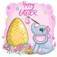 Cute cartoon elephant, childish character with beautiful eyes holding an easter egg. Happy Easter vector