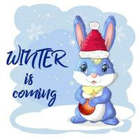 Cute cartoon rabbit in a Santa hat on a background of snow. Winter 2023, Christmas and New Year vector