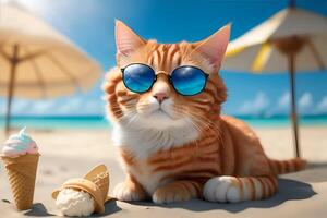 A ginger cat wearing sunglasses on a tropical beach with ice cream. AI Generated photo