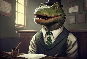 Portrait of an anthropomorphic crocodile dressed as a schoolboy in a classroom. photo